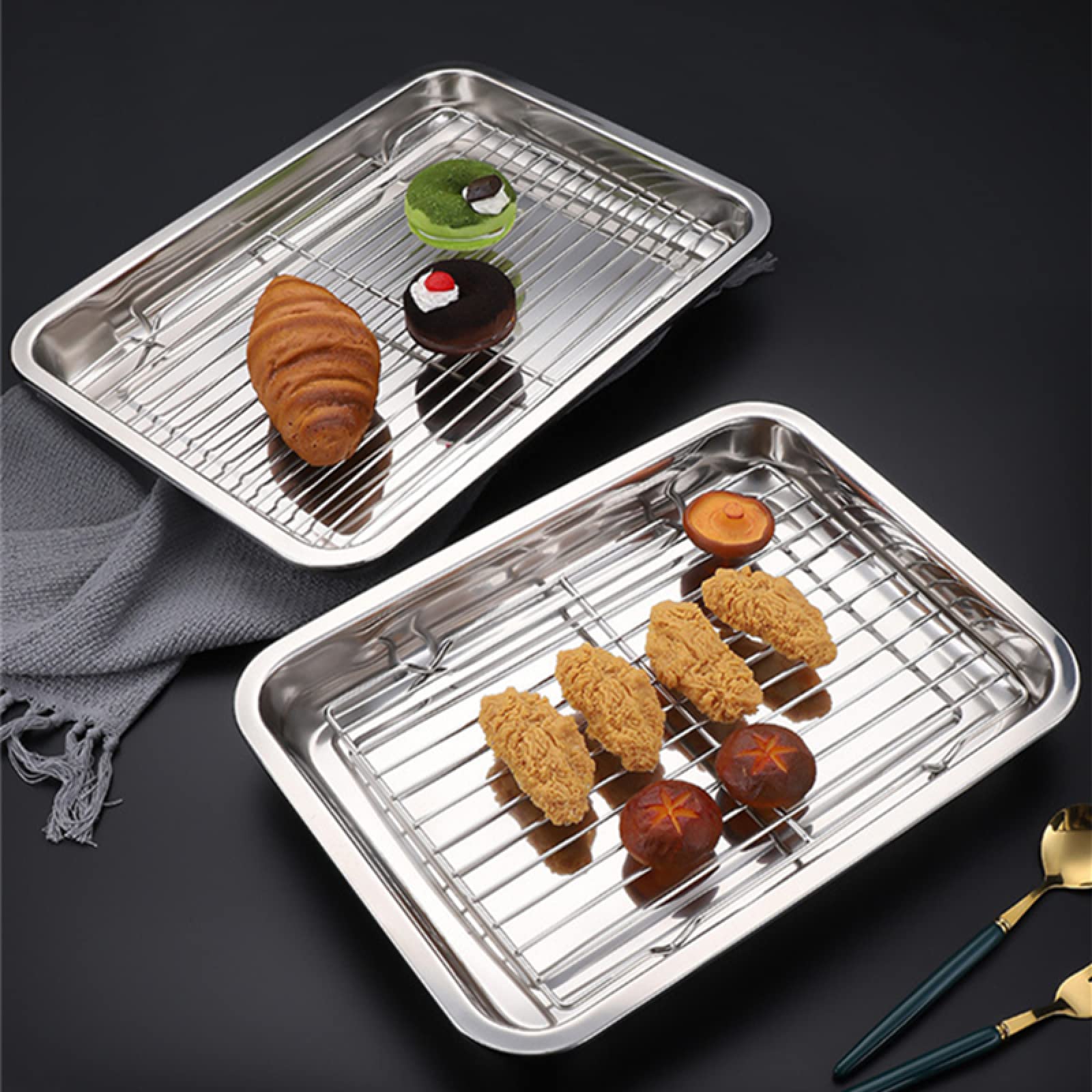 Bandeja para hornear Platos de almacenamiento rectangulares de metal Bandeja de horno Bandeja de filtro de aceite Sartén de acero inoxidable para hornear Rejilla de enfriamiento de alambre 1