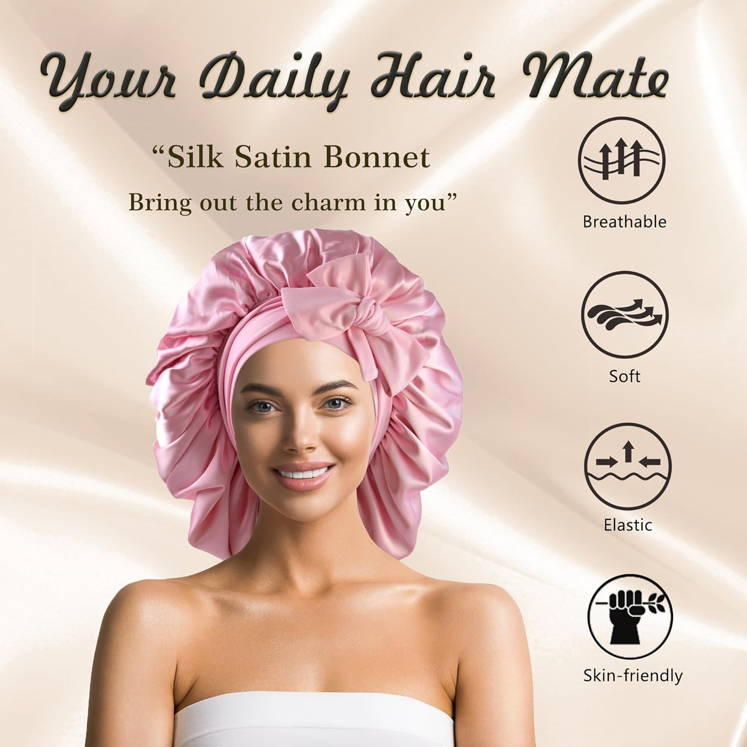 Silk Bonnet for Sleeping Women Satin Bonnet Double Layer Night Sleep Cap with Elastic Tie Band for Curly Natural Hair - Image 2