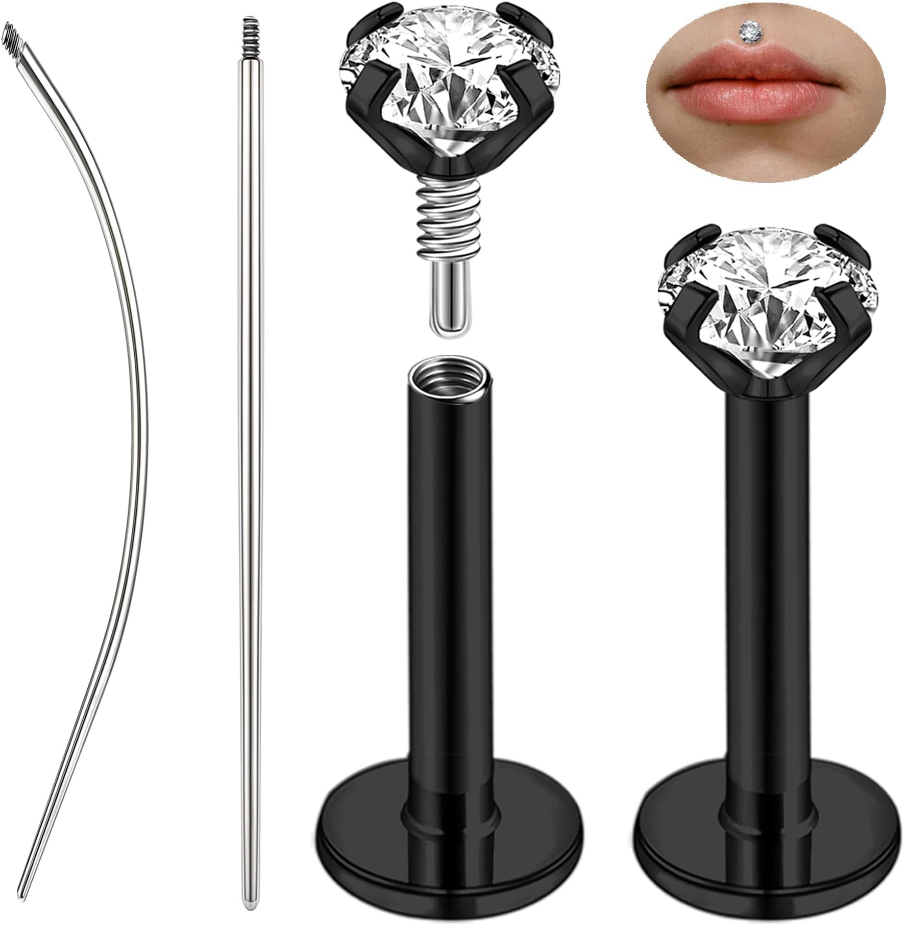 1 Pair 316L Stainless Steel Labret Lip Stud, Internal Thread Philtrum Ashely Jewelry CZ Tragus Helix Nose Nostril Piercing 16G Flat Back Earrings Studs for Women Men