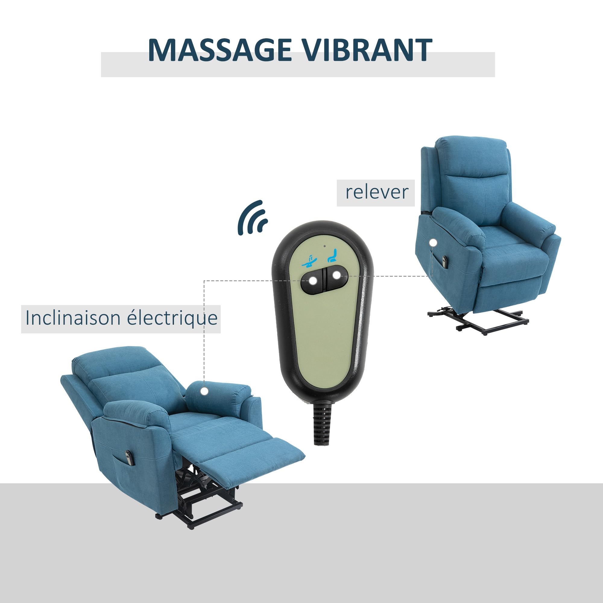 HOMCOM Fauteuil releveur électrique, Fauteuil Relax électrique avec Repose-Pied, Dossier inclinable, télécommande et Poche latérale Charge 120kg Tissu Aspect Lin Bleu