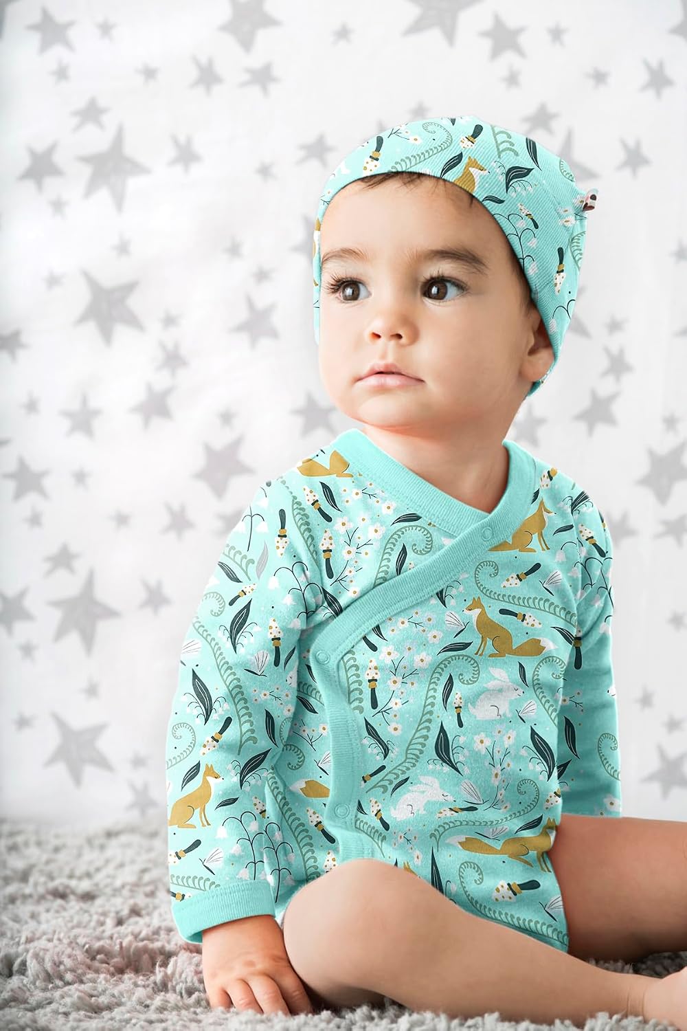 Babysoy Organic Baby Newborn Long Sleeve Pattern Kimono Wrap Around Side Snap Bodysuit/Onesie for Unisex Infants