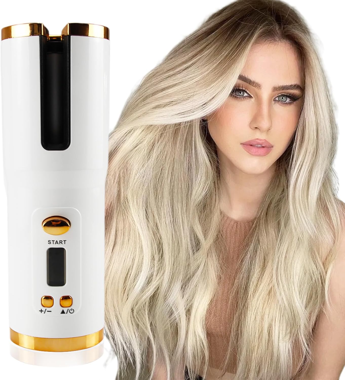 Automatic Curling Iron White - 5 Heat Settings (150-200°C) Fast Heating Ceramic Hair Curler Wand Auto Rotating Curling Iron for Women