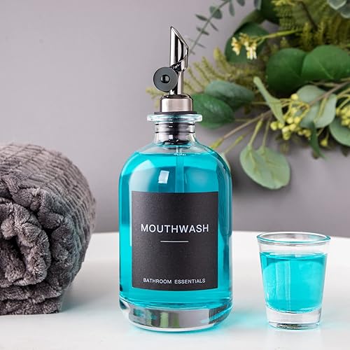 Miniatura 2 de Dispensador de enjuague bucal de vidrio negro con vasos, 12.7 onzas, paquete de 2 botellas de enjuague bucal transparente con boquilla de acero