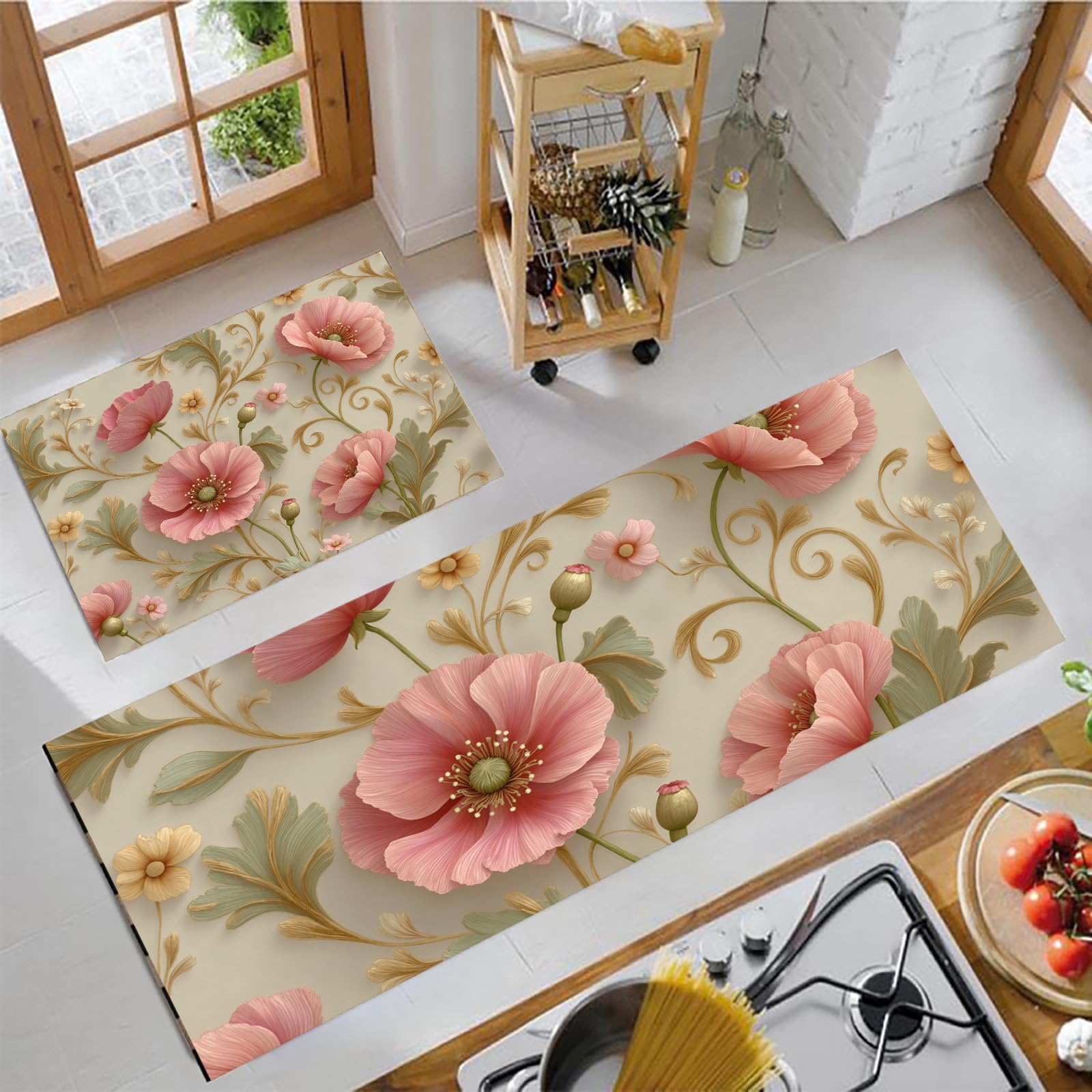 Alfombra lavable y antideslizante de amapolas rosas para cocina y entrada, 2 piezas