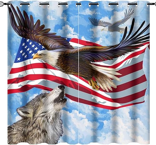 Cortinas opacas realistas de vida silvestre con águila calva y lobo para sala de estar, estampado de acuarela, cielo azul, águila voladora, bandera