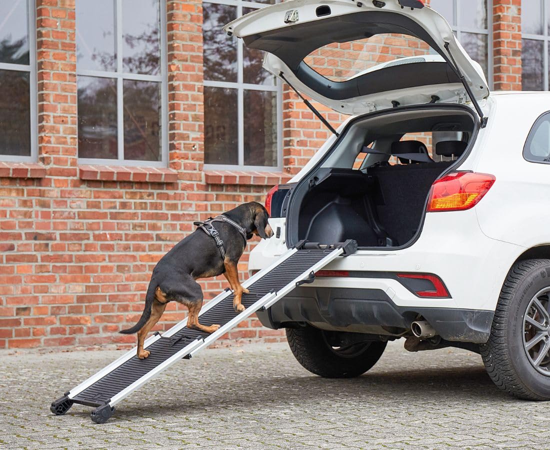 Knuffelwuff Hunderampe 70-158cm - Ausziehbare Teleskoprampe als Einstiegshilfe für Haustiere ins Auto - Hundetreppe für große und kleine Hunde - rutschfest - Kofferraumschutz