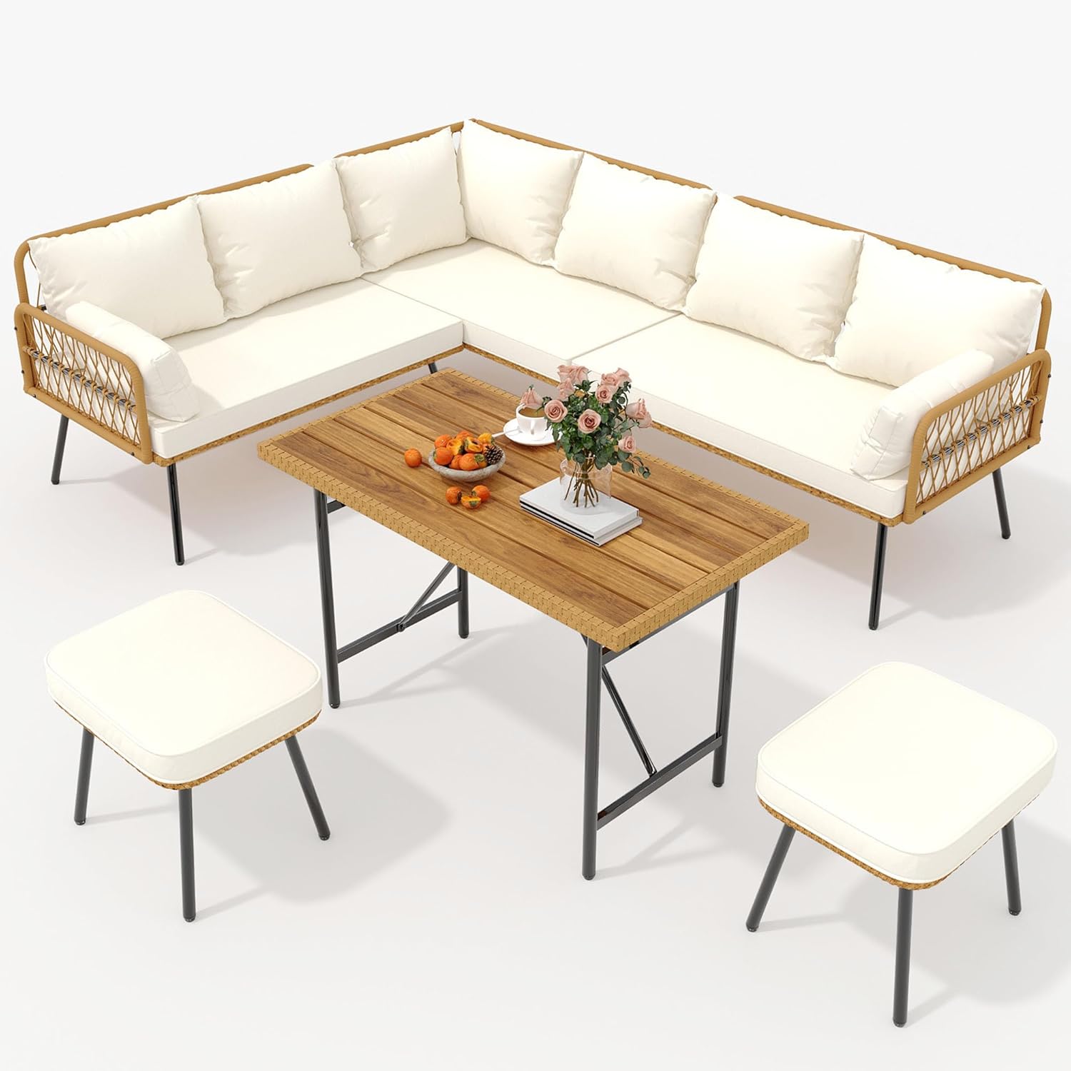 6 Pieces Patio Furniture Set, Outdoor Wicker Rattan Sectional L-Shaped Sofa with 8 Seater for Balcony,Garden, Backyard,Boho Patio Conversation Set with Thick Cushion & Plastic Wood Dining Table,Beige