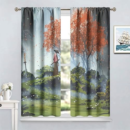 Miniatura 3 de MYS QiQi Cortinas japonesas de anime con pintura de tinta, Samurái, decoración de habitación, cortinas de ventana rojas, negras y blancas, cortinas