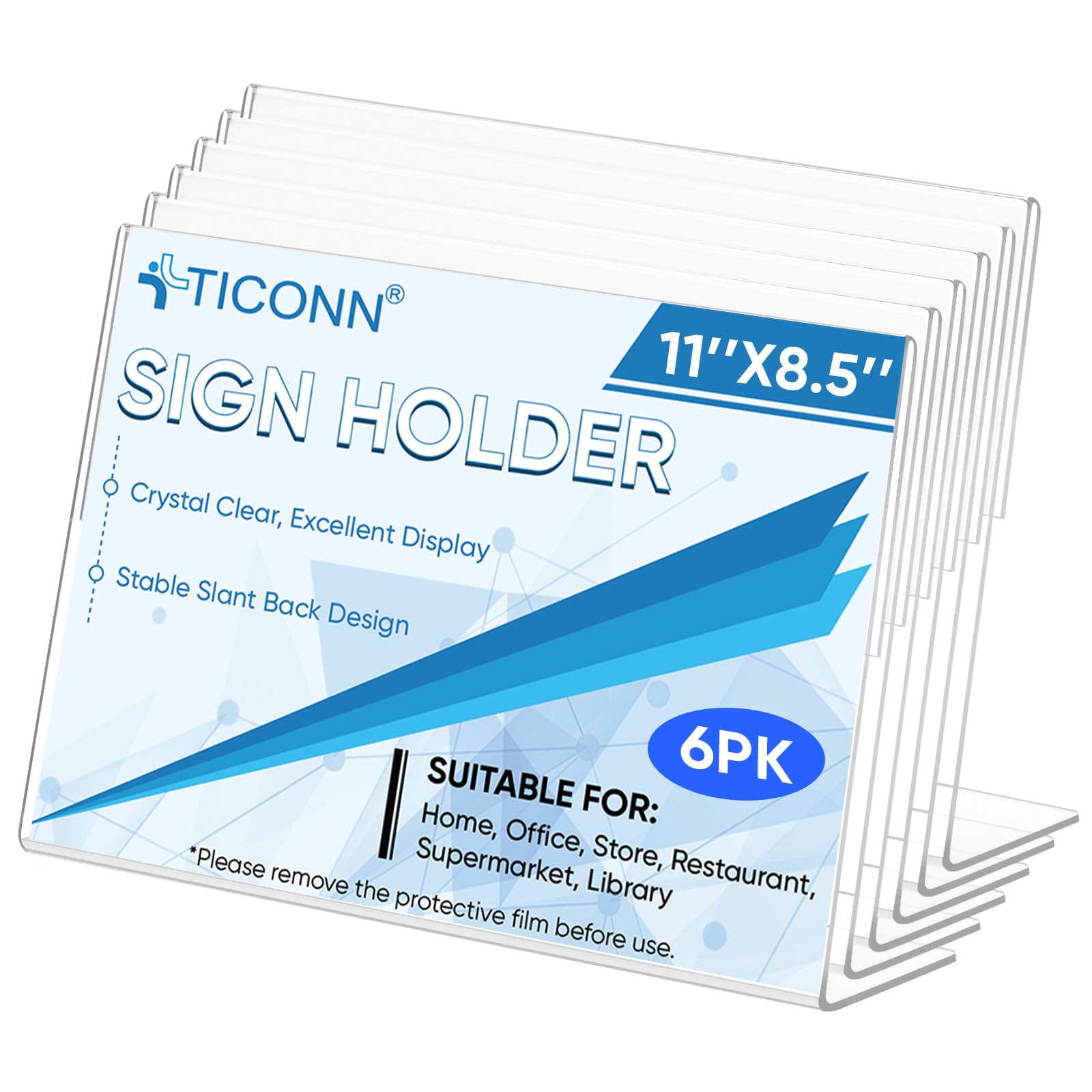 TICONN 11 x 8.5 Acrylic Sign Holder, L Shape Clear Sign Stand for Displaying, Plastic Paper Holder for Office, Store, Restaurant (Horizontal 6 Pack)