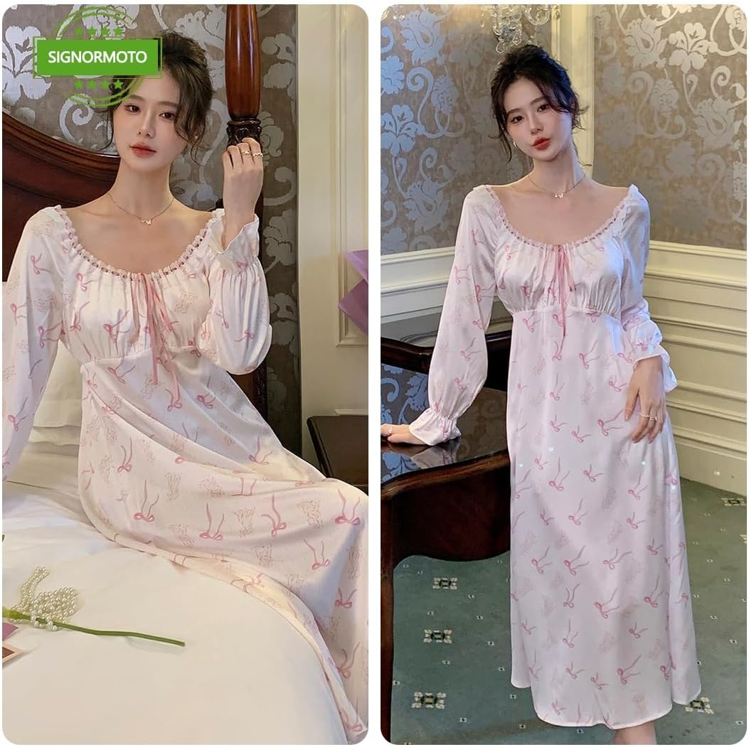 [SIGNORMOTO] パジャマ レディース 姫系 秋 長袖 肌に優しい かわいい 薄手 ルームウェア パジャマドレス ロング丈