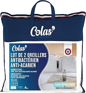 COLAS NORMAND - 2er Set Anti-Milben- und antibakterielle Kissen - flauschig - 60 x 60 cm - lang anhaltende Wirkung - perfekte Hygiene - weich und bequem - waschbar - Französisch Made - weiß 73130216