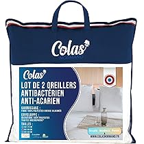 Colas Normand 73130216 Set di 2 Cuscini Antiacaro e Antibatterici, Soffici, 60 x 60 cm, Azione di Lunga Durata, Perfetta Igiene, Morbido e Confortevole, Lavabile, Made Francese, Bianco
