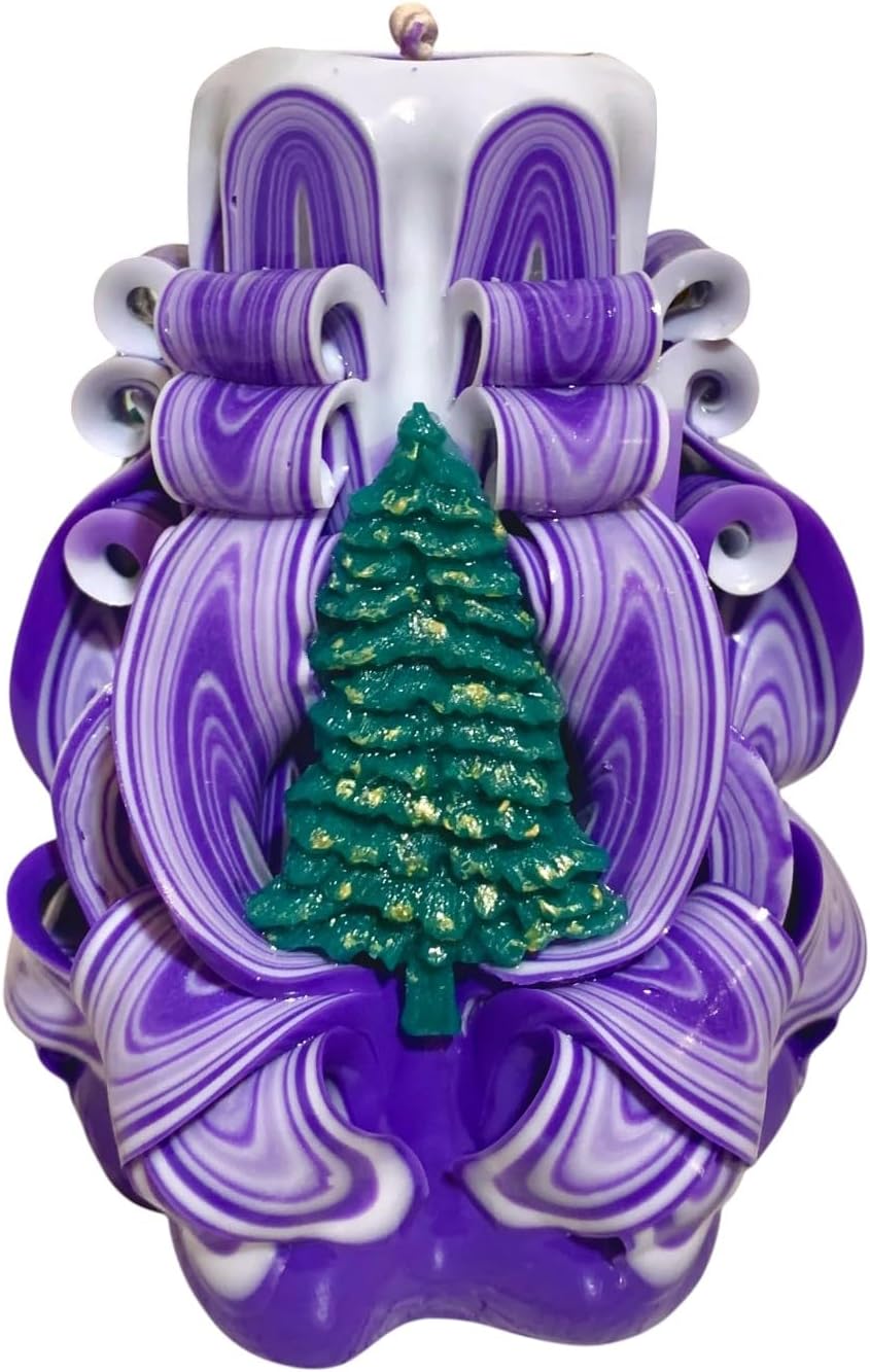 Purple Carved Candle with Christmas Tree• Handmade Decorative Gift Candle • Holiday Home Decor
