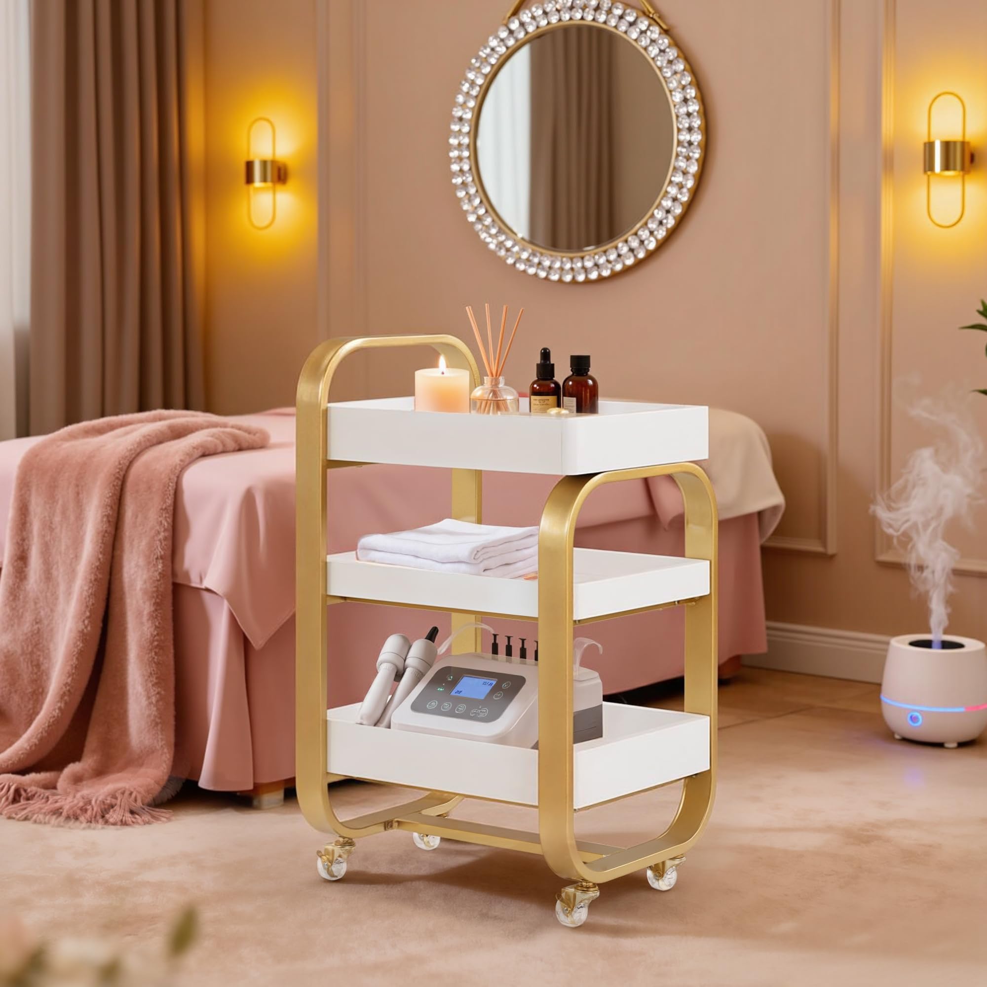 Rollwagen Servierwagen 3-stufiger Stylisten Kosmetikwagen mit Rollen Arbeitswagen Kosmetik Moderner Arbeitswagen für Bad Wohnzimmer Beauty SPA Wagen Gold