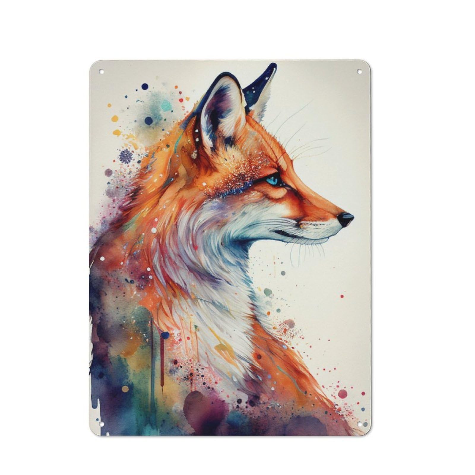 Junmoney Fox Watercolor Animal Tin Wall Plaque 40X30cm With For Hobby Room Or Studio, For Updating Hobby Room And Studio After Moving