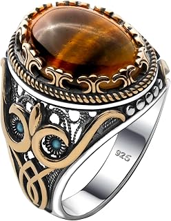 Genuine Solid 925 Sterling Silver Accented with Bronze, Natural or Simulated Gemstone, Authentic Vintage Turkish Ottoman Style Ring for Men