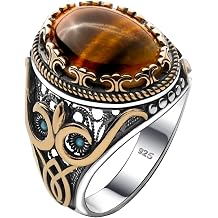Genuine Solid 925 Sterling Silver Accented with Bronze, Natural or Simulated Gemstone, Authentic Vintage Turkish Ottoman Style Ring for Men
