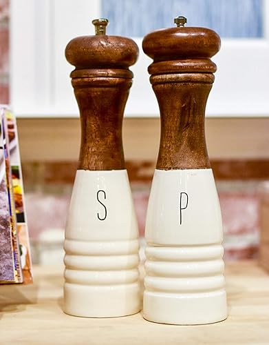 Miniatura 2 de Mud Pie Farmhouse - Molinos de madera y esmalte para sal y pimienta, 10 1/2" x 3" (de) diámetro, blanco, marrón
