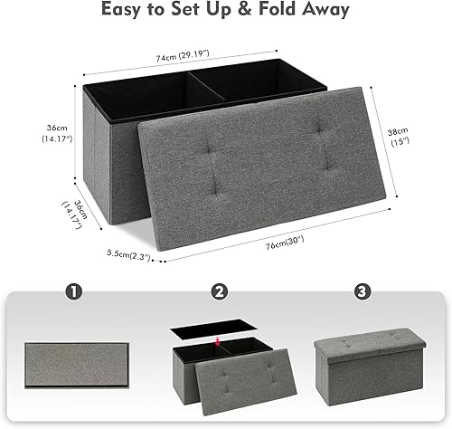 Miniatura 3 de B FSOBEIIALEO Otomana de almacenamiento con tapas abatibles, asiento reposapiés otomano, lino 30 x 15 x 15 pulgadas (gris)
