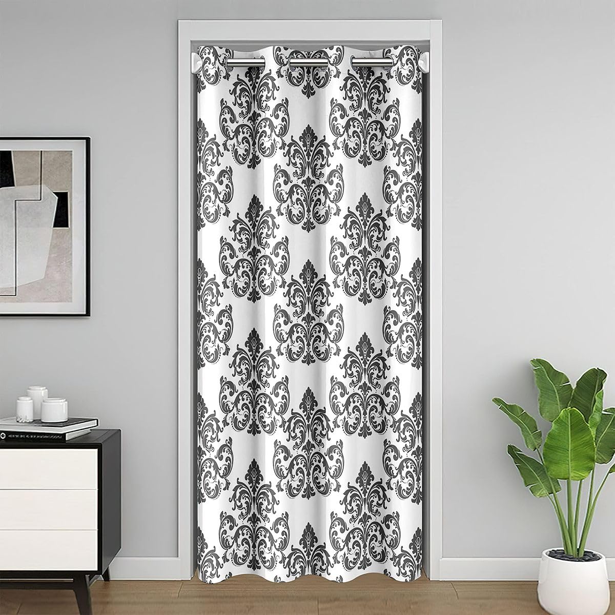 Rideau de porte occultant et damassé gris pour chambre luxueuse