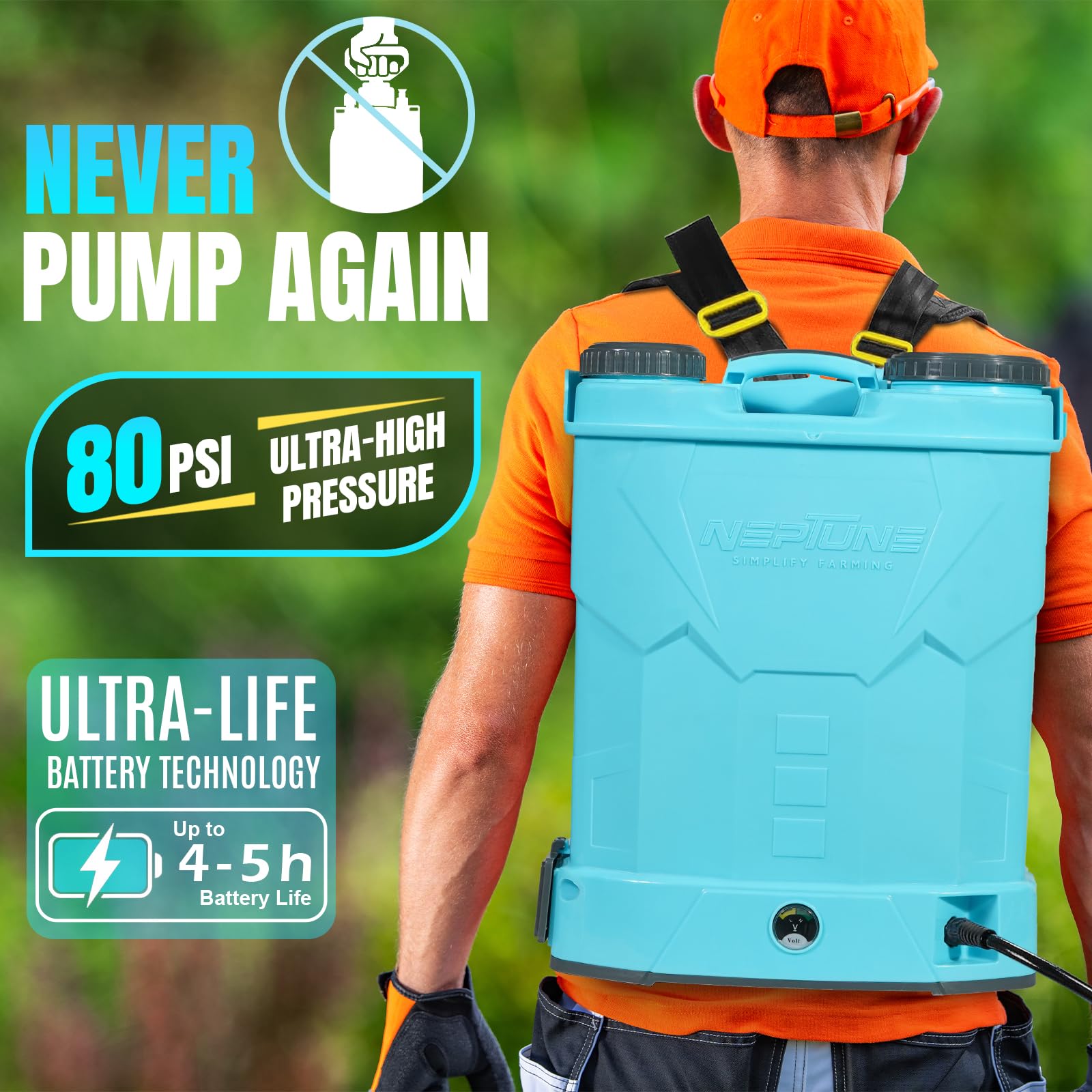 Neptune Simplify Farming Knapsack Battery Sprayer 12V x 8Amp | Telescopic Stainless Steel Lance | 20L Tank Capacity | Get 4 Nozzles | Ideal for Agriculture & Garden Spraying - Image 2 thumbnail