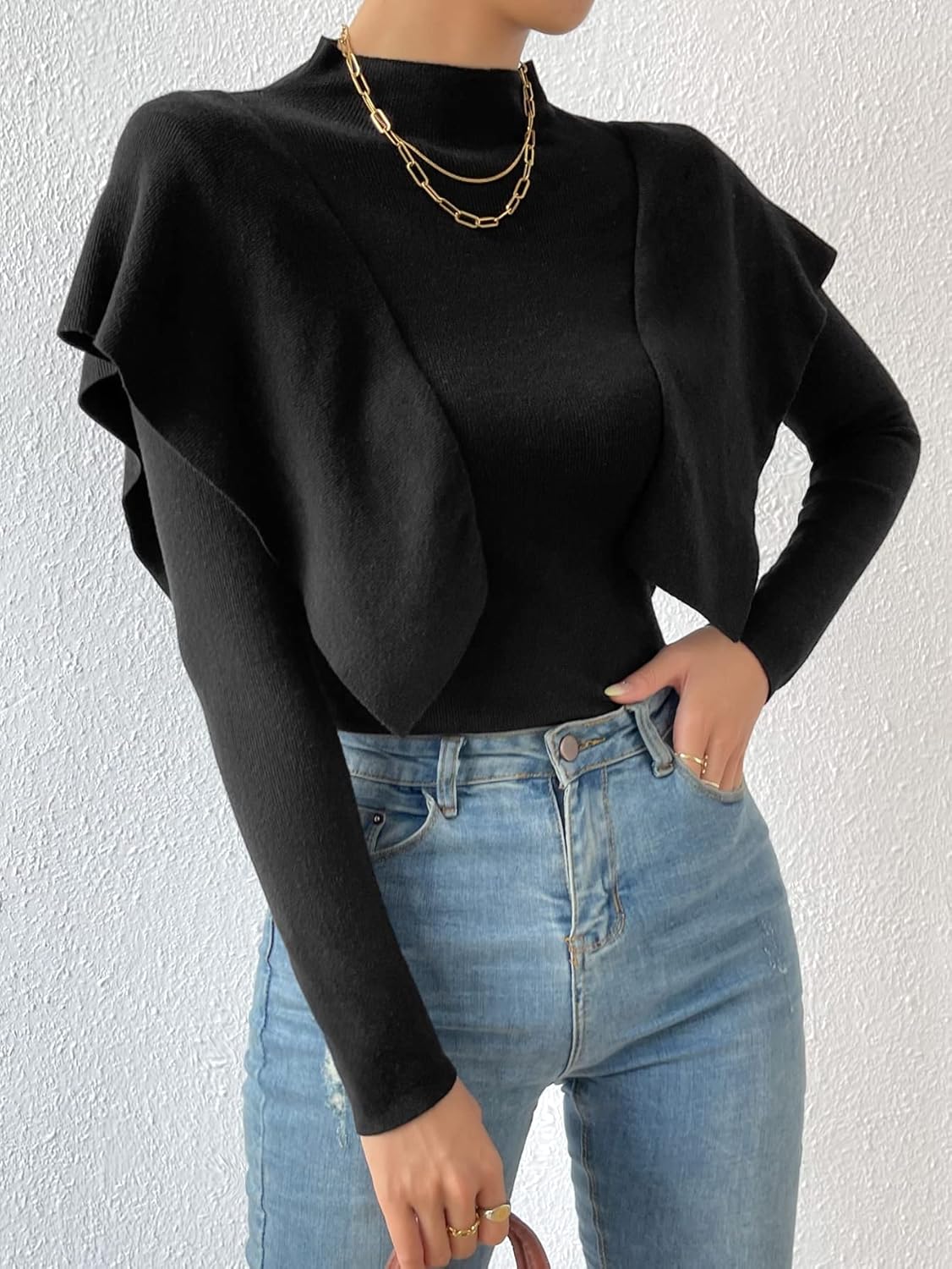 Women's Sweater Mock Neck Ruffle Trim Sweater Sweater for Women (Color : Black, Size : Medium)