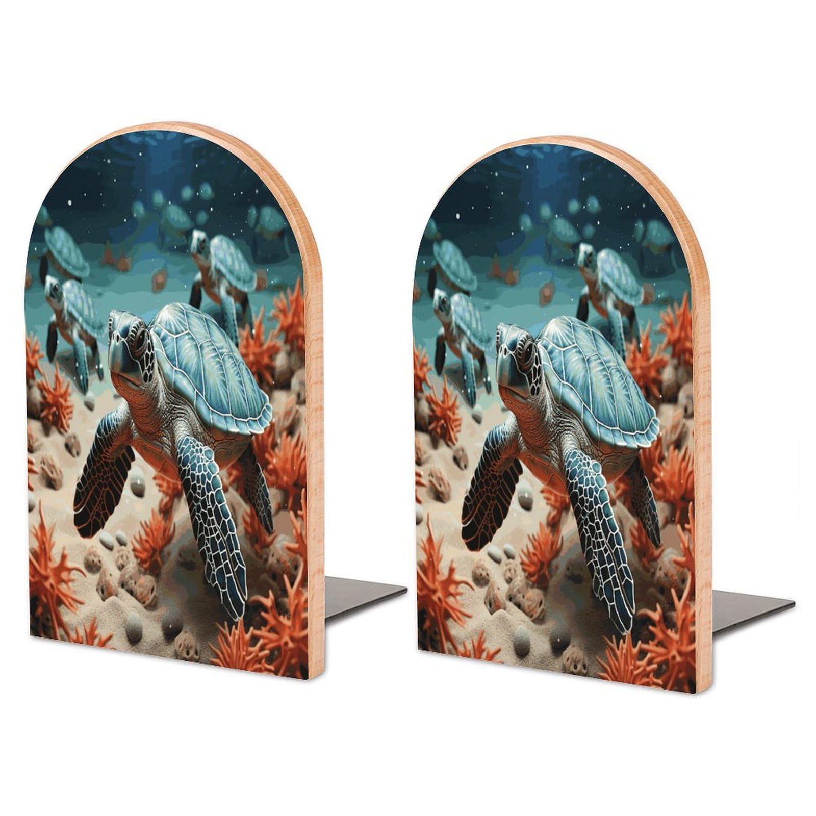 Large Turtle Starfish Book End with Metal Base Fashion Heavy Duty Bookend Exquisite Wooden Bookends Non-Skid Book Stopper for Shelves Books Organizer for Office Home 1 Pair