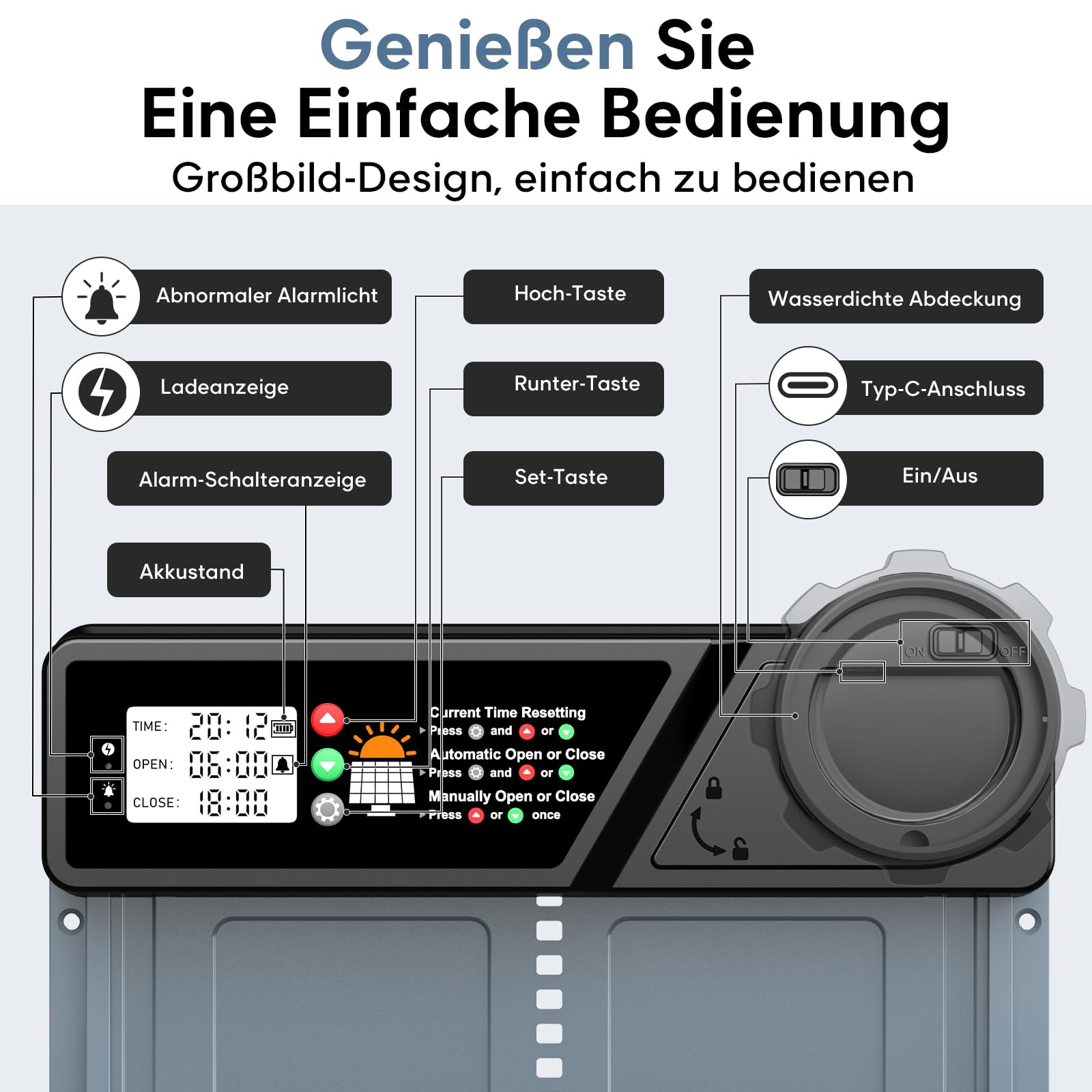 CHAMUTY Große Automatische Hühnerklappe Solar, Elektrische Hühnerklappe Automatisch mit Timer, 7W Solarpanel, LCD Display, Fernbedienung, Automatische Hühnerstalltür Hühnertür, Einklemmschutz