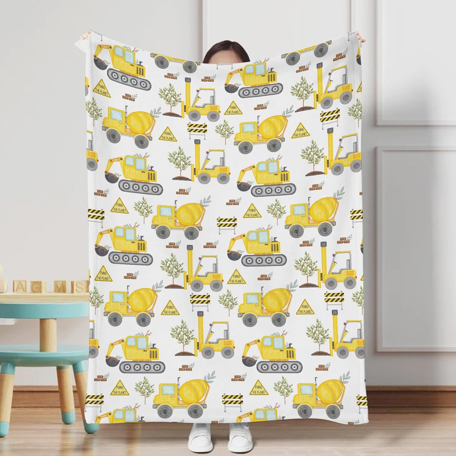Baby Construction Truck Excavator Tractor Trees Blanket for Boy Girl Cute Construction Trucks Plants Flannel Soft Receiving Blanket Swaddle Blanket for Toddler Nursery Crib Bed Blanket Playmat 60x80