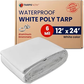 Tarps Now 12x24 ft 6-MIL 100% Waterproof White Plastic Poly Tarp, Rip & Tear-Resistant 3-Ply Construction w/Reinforced Rope Hemmed Edges & Rustproof Grommets for DIY, Roof Repair, Painting Drop Cloth