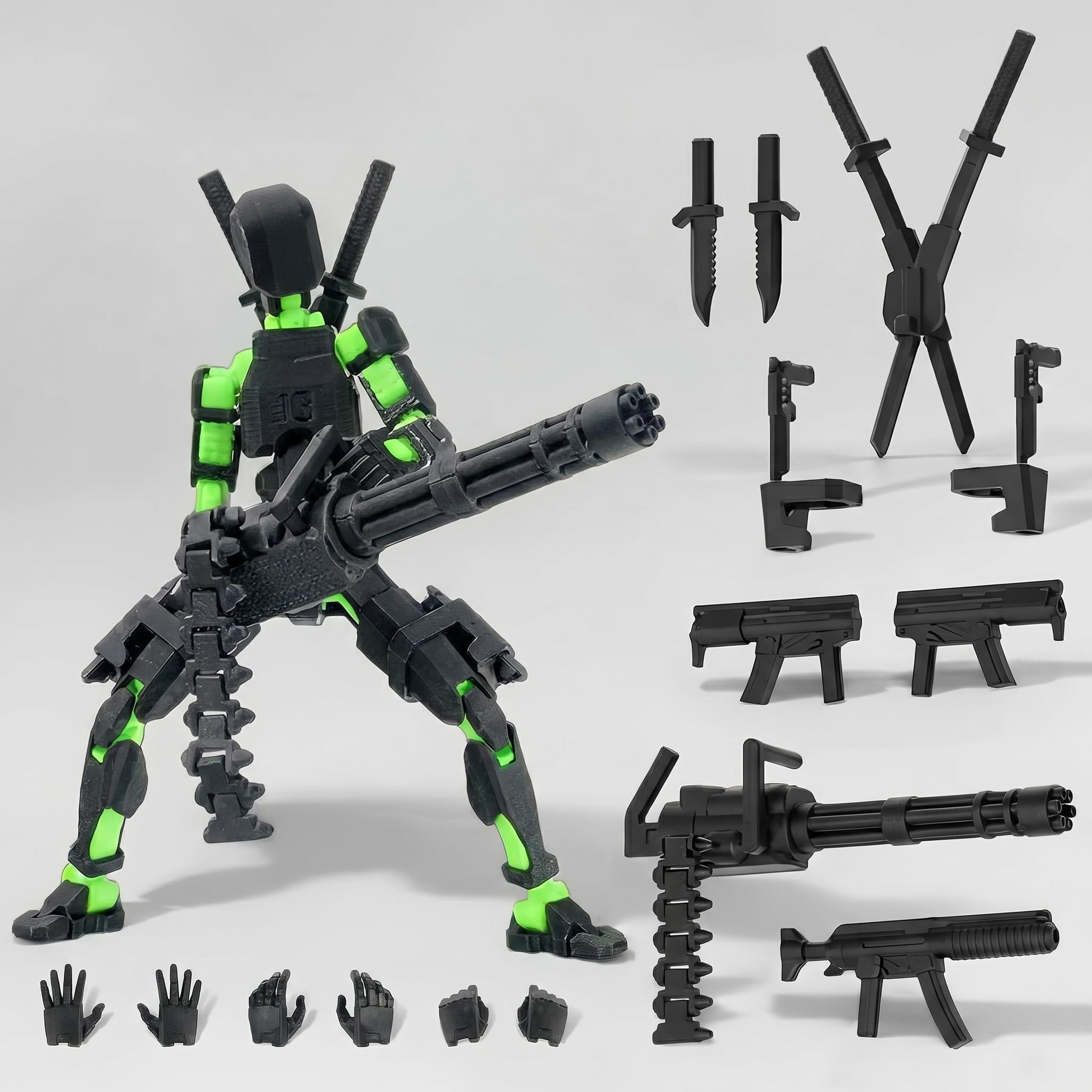 Titan 13 Action Figure 3D Printed Multi-Jointed Dummy 13 Poseable Robot Model with Gatling Gun Lucky 13 Action Figure Robot Assembled Desktop Decoration Office Home Gift for Adults (Green and Black)