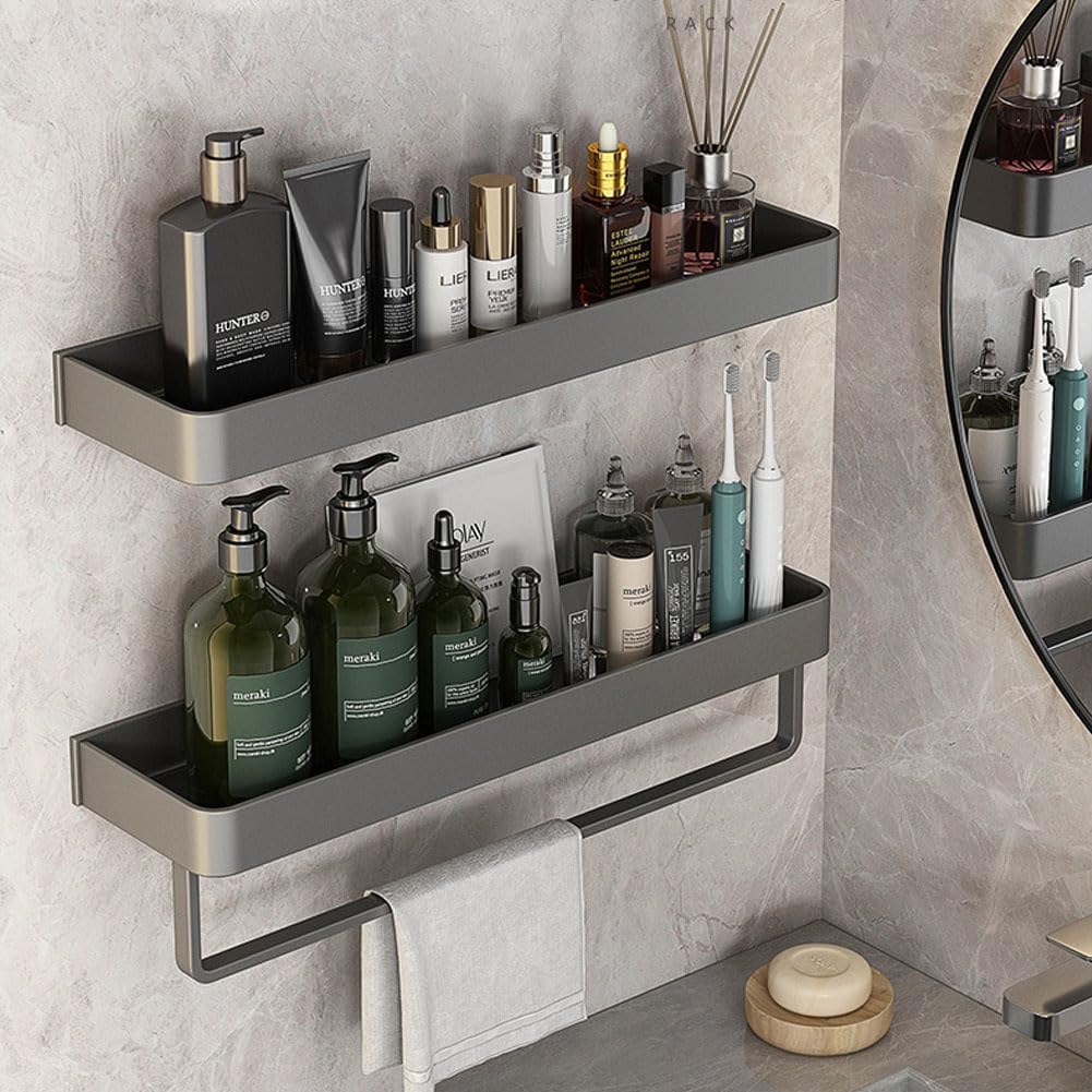 Wall Mounted Bathroom Shelves, 2-Tier Floating Shelf with Removable Hooks, Bathroom Wall Organizer(Gray)