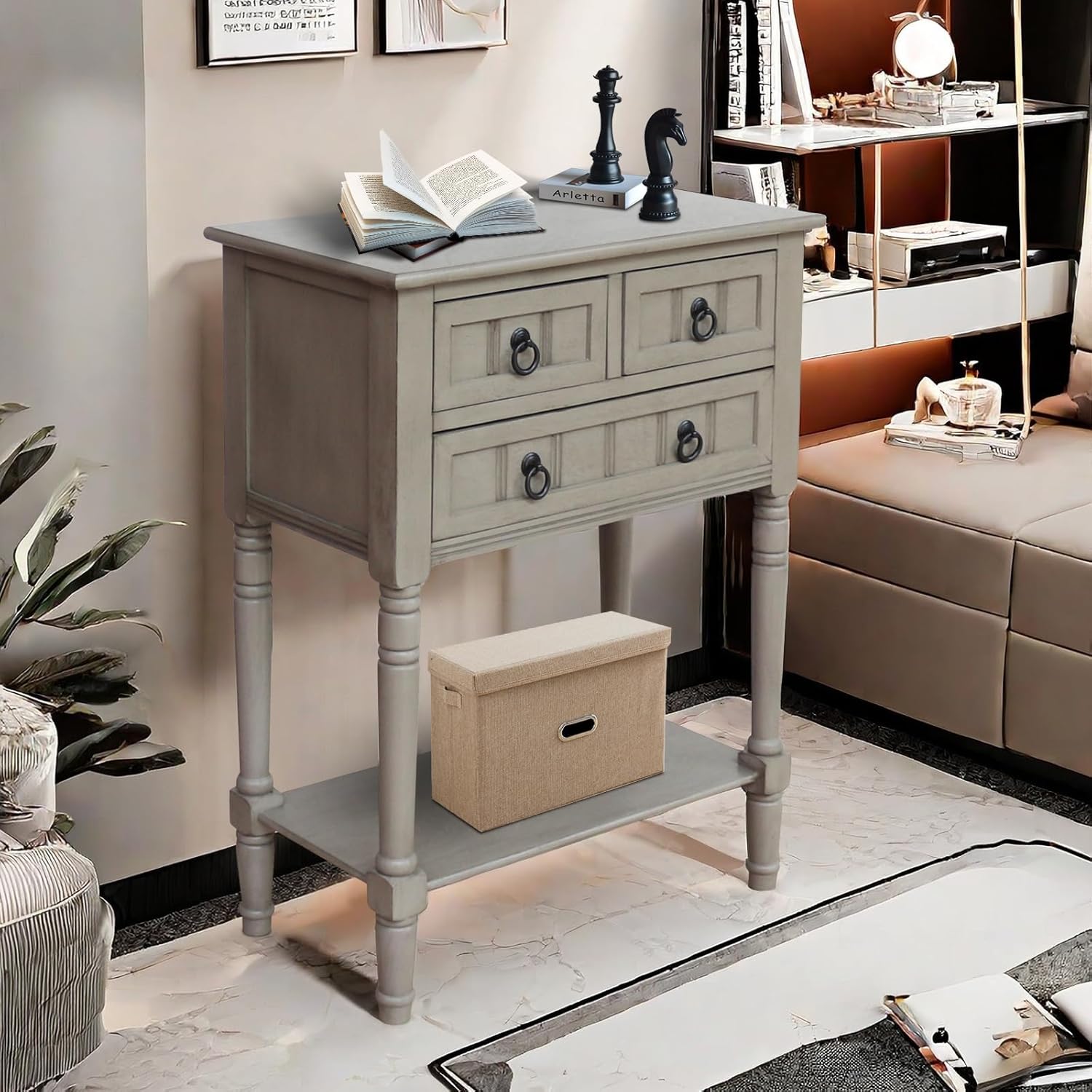 Console Table with 3 Drawers, Sofa Side Table with Bottom Open Storage Shelf, Heavy-Duty Entryway Table for Hallway/Living Room (Roast Oyster)