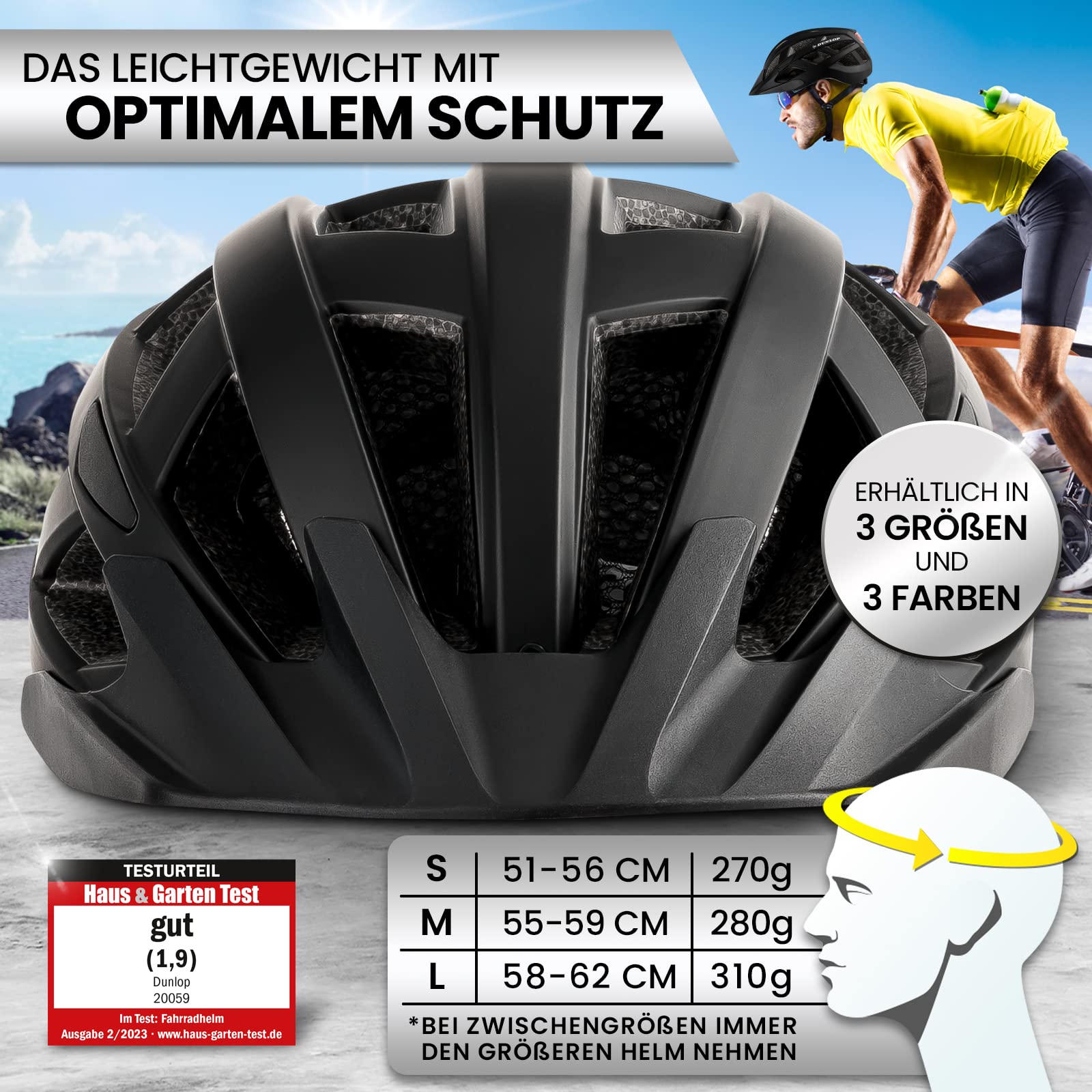 Dunlop Sports Fahrradhelm mit Licht - Sofort gesehen Werden - Ultraleichter Spezial Damen Herren Kinder Fahrrad Helm Visier und Rücklicht für hohe Sicherheit - Urban