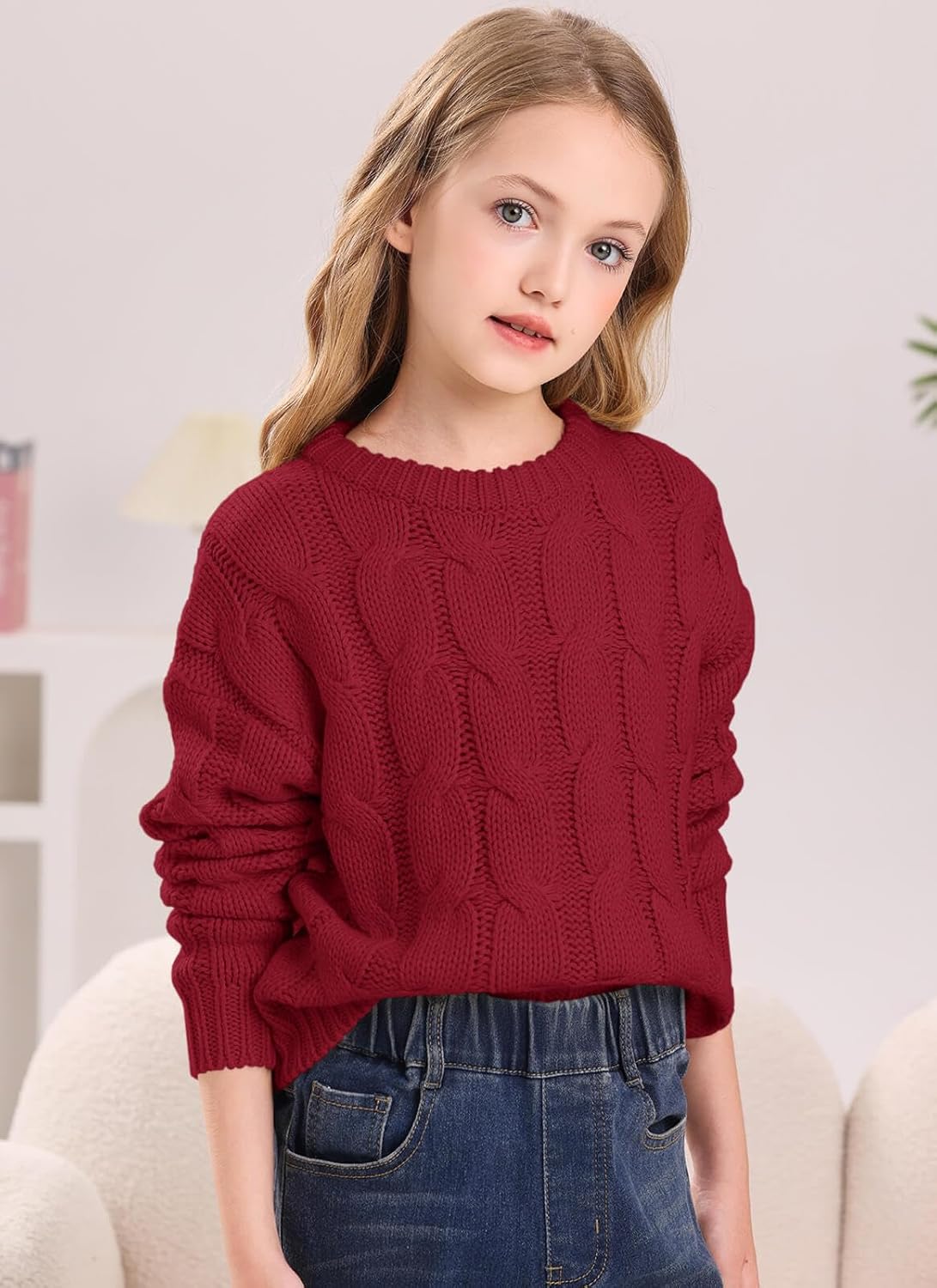 Girls Cable Knit Sweaters Chunky Long Sleeve Crewneck Drop Shoulder Warm Pullover Sweater Tops Size 5-14Y - Image 3