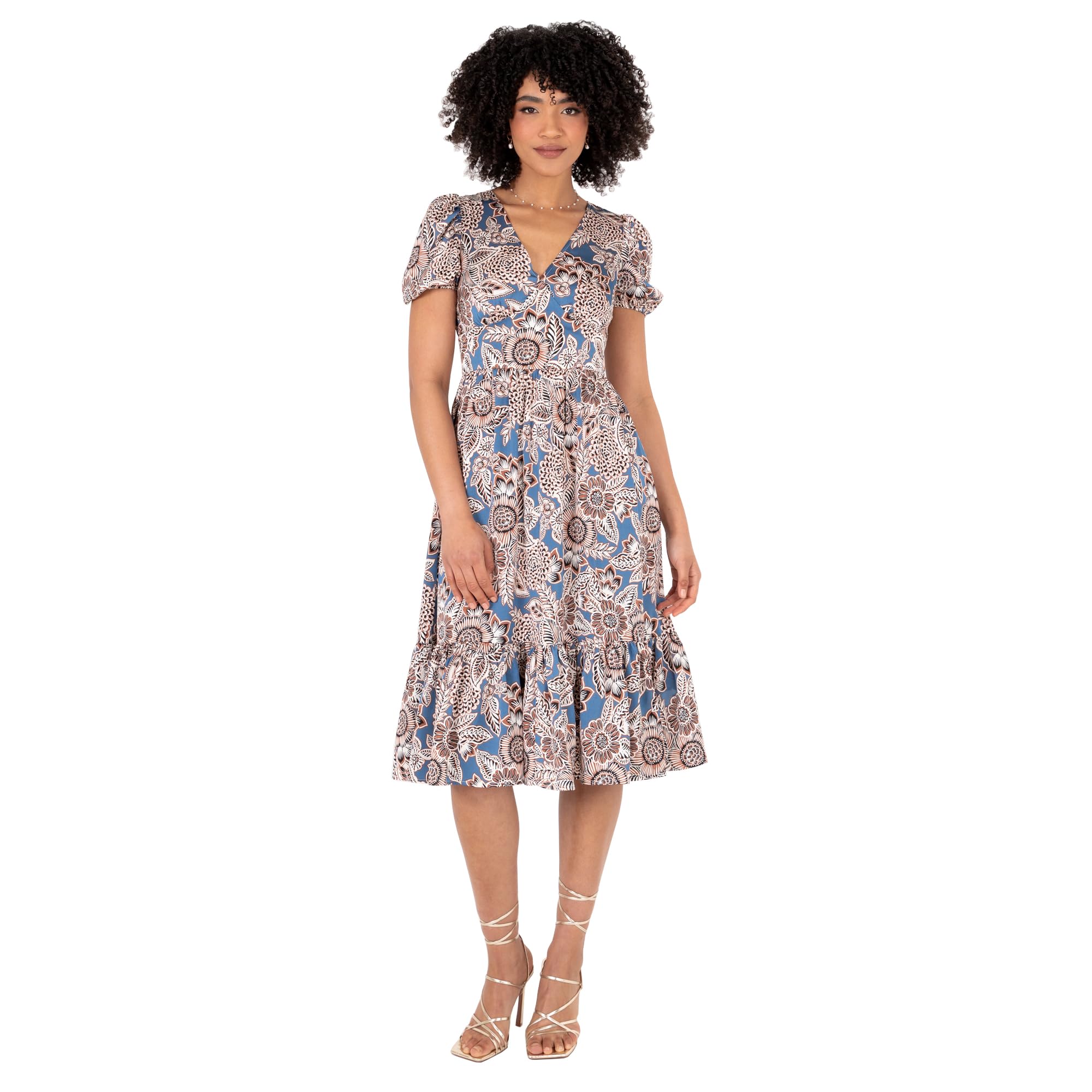 Lovedrobe Women's Gray Midi Dress Short Puff Sleeve V-Neck Floral Print Tiered Hem Lace Trim A-Line Casual Occasion Evening Grey 46, Grey, Uk 10.5