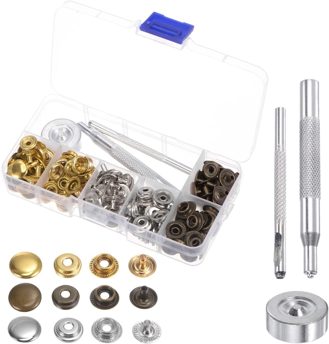 HARFINGTON 45 Sets Leather Snap Fasteners Kit 12mm Metal Press Studs Buttons Tool with 3 Setter Tools & Storage Box for Clothing Leather Sewing