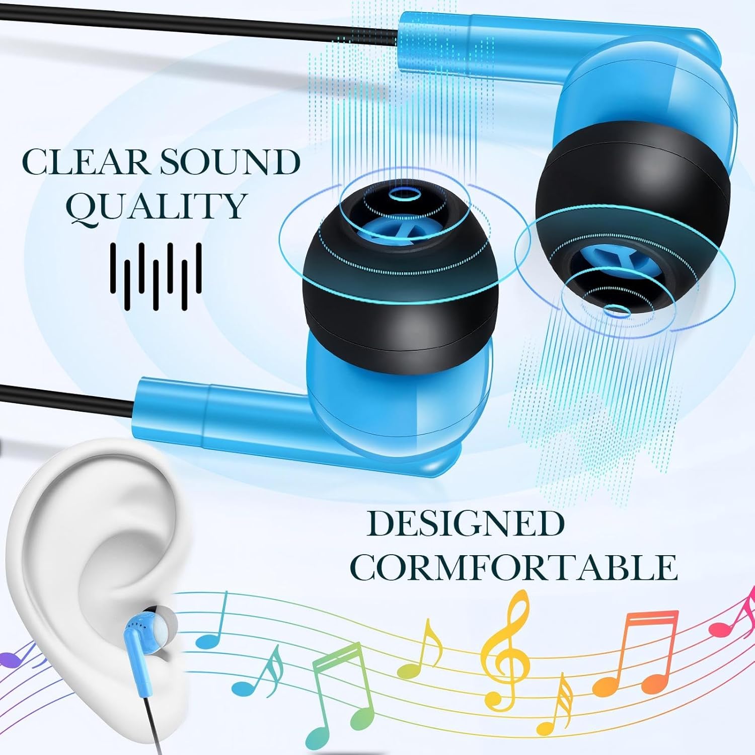 Kanayu 100 Pack Wired Earbuds Bulk for Classroom Ear Headphones Wired Basic Student Earbuds No Microphone with 3.5MM Jack for Class Laptop School Library, Individually Bagged (Blue)