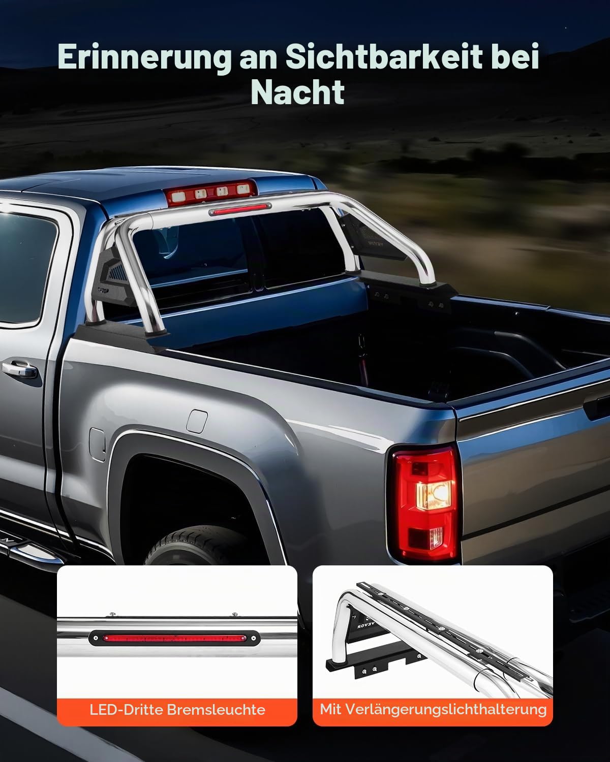 VEVOR Überrollbügel aus Karbonstahl für die Ladefläche, universeller Einstellbarer (1448-1626 mm) Pickup Sport-Überrollbügel mit LED-Bremslicht für mittelgroße/große Lkws (kein Träger)