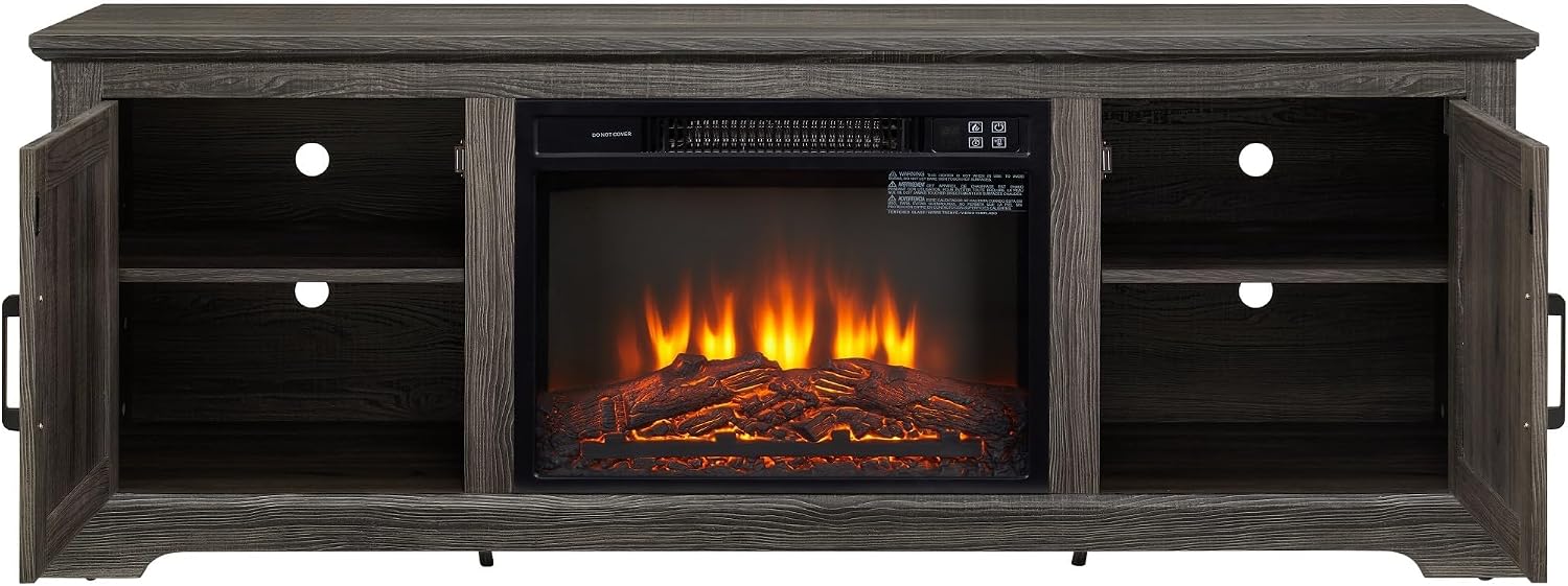 65" W Rattan Media Console Table with Fireplace, Mid-Century TV Stand for TVs Up to 75 inch, Wooden Entertainment Center with Adjustable Shelves for Living Room (Gray)