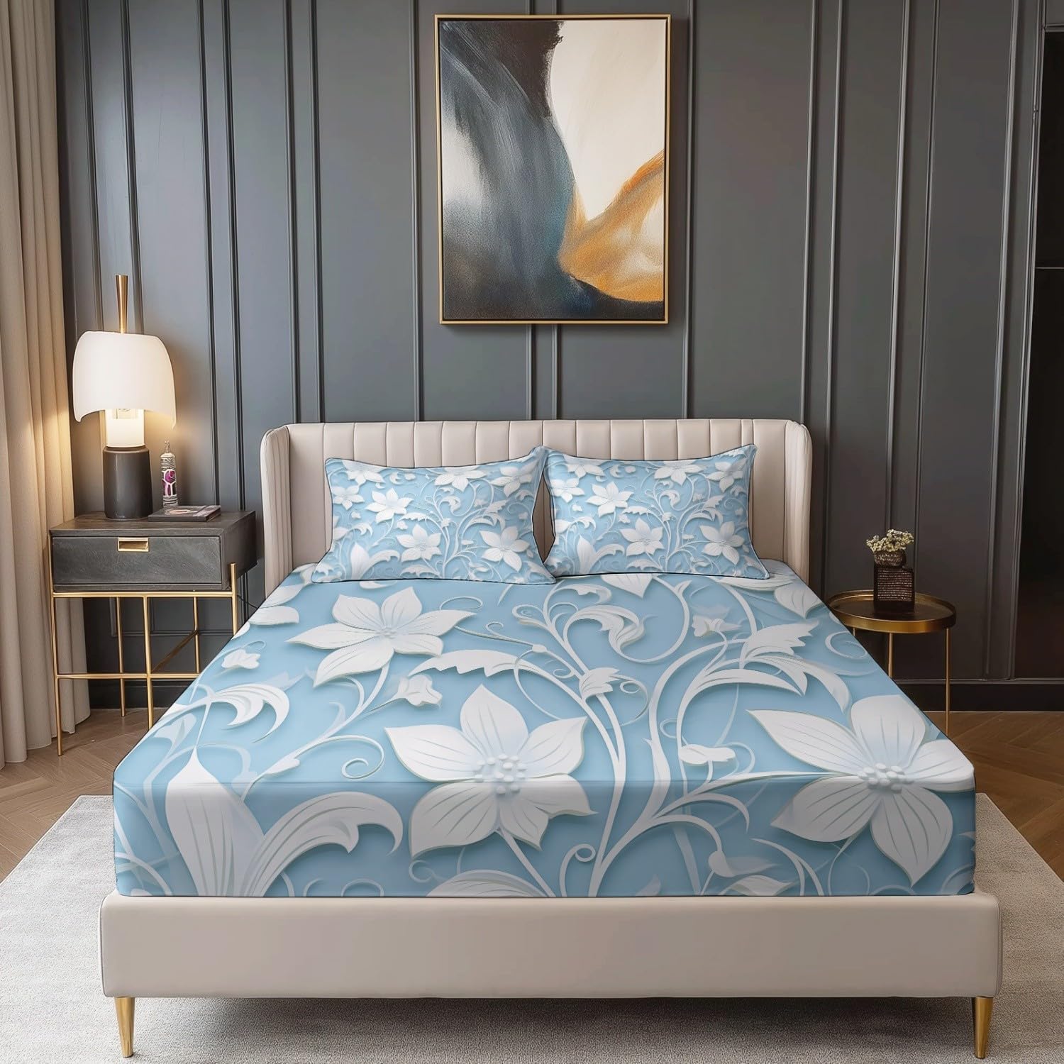 Drap Housse 140 x 190 cm - Minimal Élégant Floral Vignes Thème Drap-Housse en Microfibre avec Coins Élastiqués, Bleu Clair Respirant Draps-Housses pour Matelas de 30 cm Haut