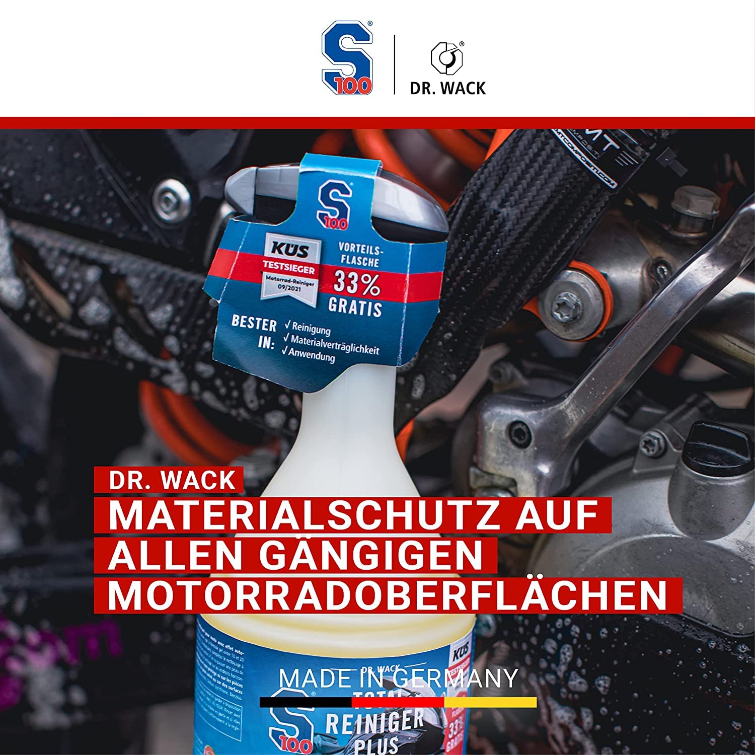 Motorrad Reinigung, Trocknen & Detailer Bundle - Dr. Wack S100 Total Reiniger Plus + Bike Detailer S100 Schnellreiniger + detailmate Trockentuch & Poliertuch + Microfiber Monkey Waschhandschuh