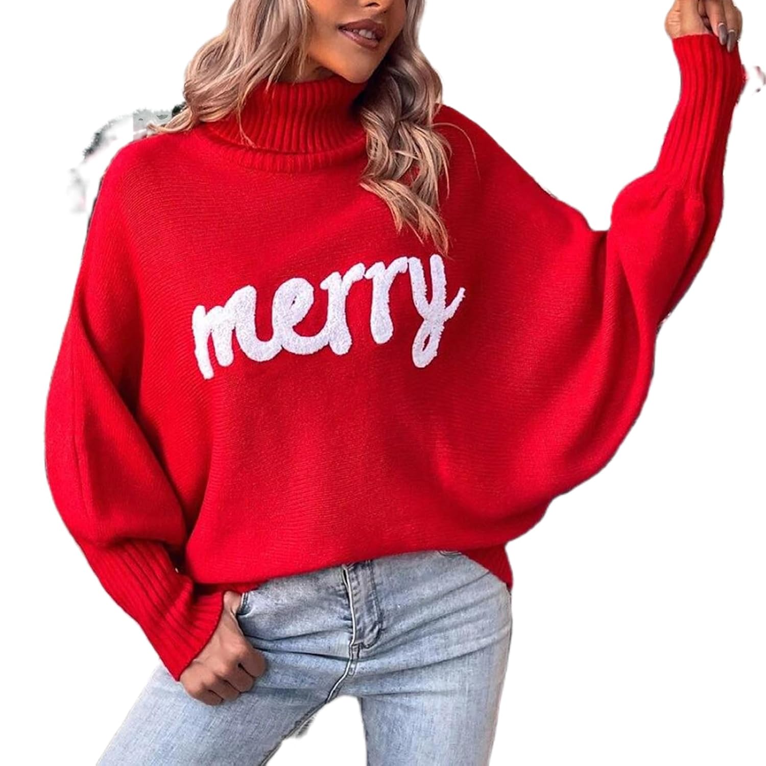 Womens Merry Christmas Sweater Turtleneck Bigger Sleeves Sweatshirts Ladies Holiday Festival Pullover Sweater