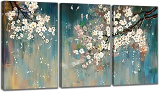 Flowers Wall Art for Living Room White Plum Blossom Flower Canvas Wall Art Teal Canvas Picture Print Wall Painting Modern Artwork Wall Decor for Bedroom Bathroom Office 12x16inchx3pcs