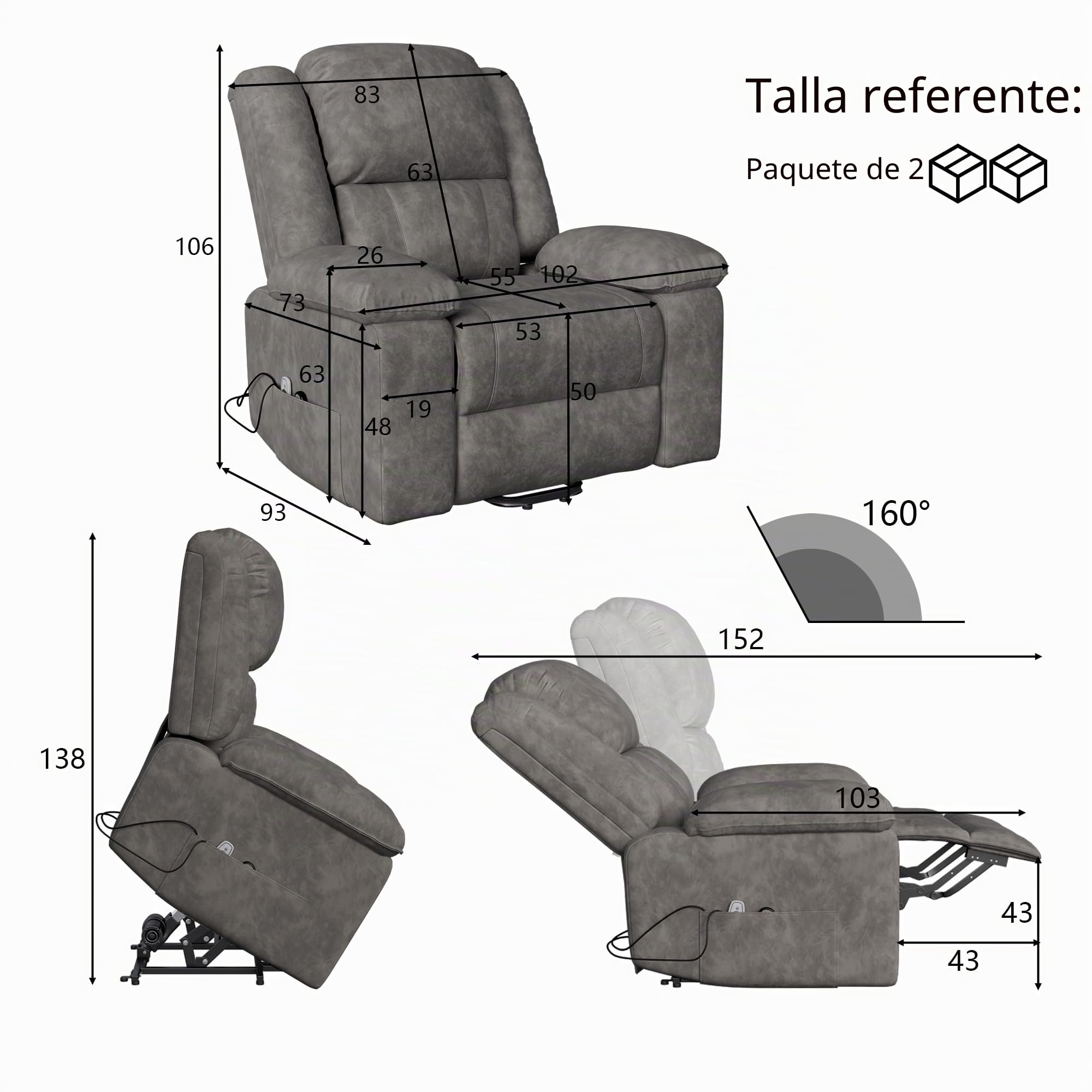 Silla de masaje eléctrica con calefacción y función reclinable vibración, ideal para relajación en salón (gris)
