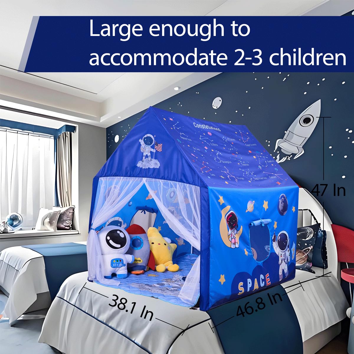 Space Rocket Ship - Tienda de campaña para niños con paspartú, luces de estrella para niños y niñas de 3 años en adelante, para interiores y exteriores, juego de tienda de campaña, tamaños de 5