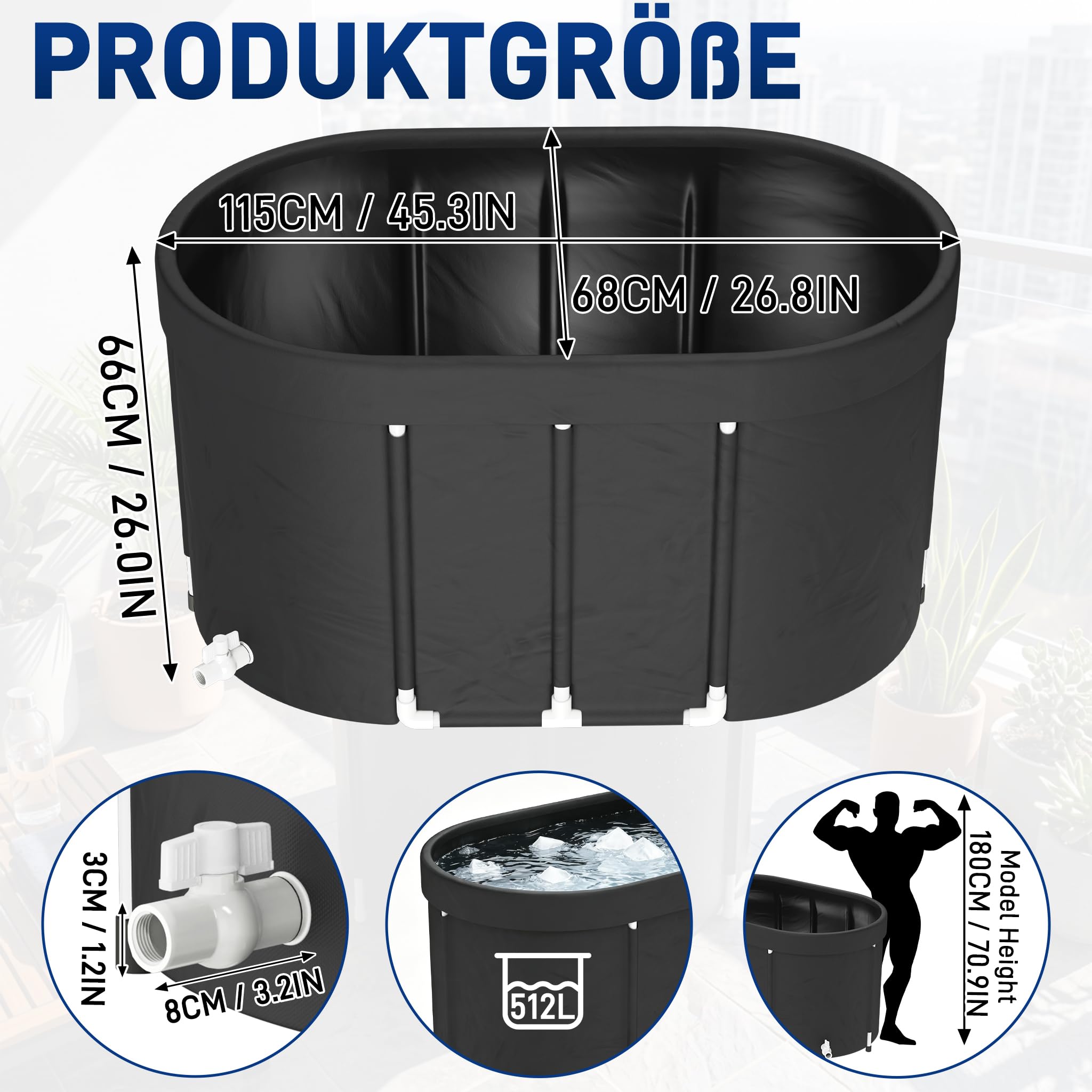 Ovale Eisbad Tonne 512L Faltbare Badewanne, PVC Eisbadewanne