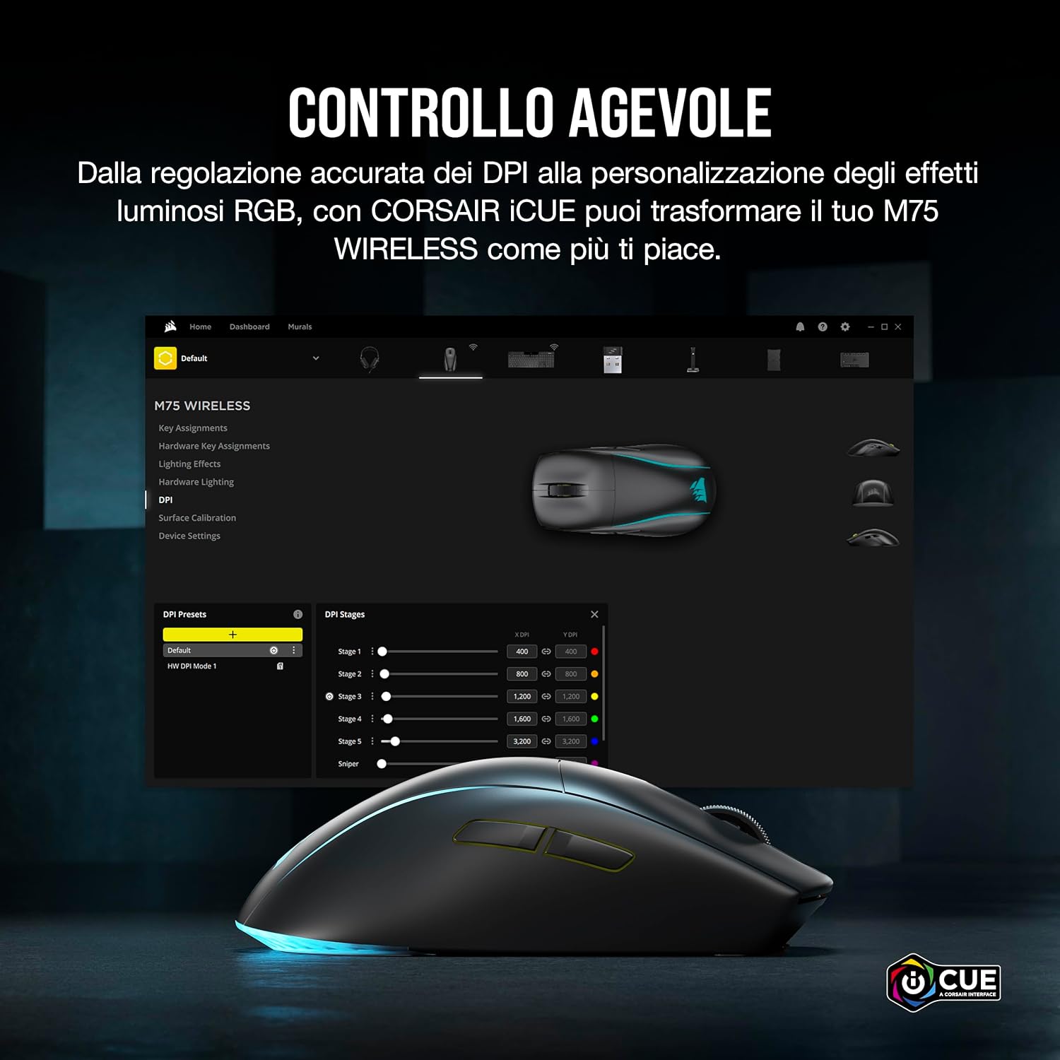 M75 WIRELESS RGB Mouse da Gioco FPS Leggero ÔÇô 26.000 DPI ÔÇô Pulsanti Laterali Intercambiabili ÔÇô Compatibile con iCUE ÔÇô PC ÔÇô Nero - Mouse gaming - Immagine 7