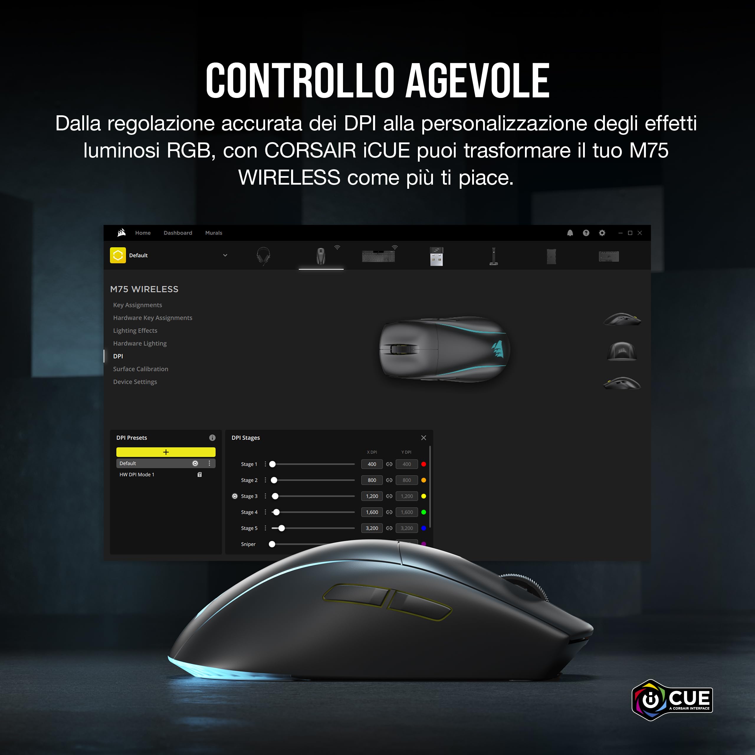 Corsair M75 WIRELESS RGB Mouse da Gioco FPS Leggero – 26.000 DPI – Pulsanti Laterali Intercambiabili – Compatibile con iCUE – PC – Nero