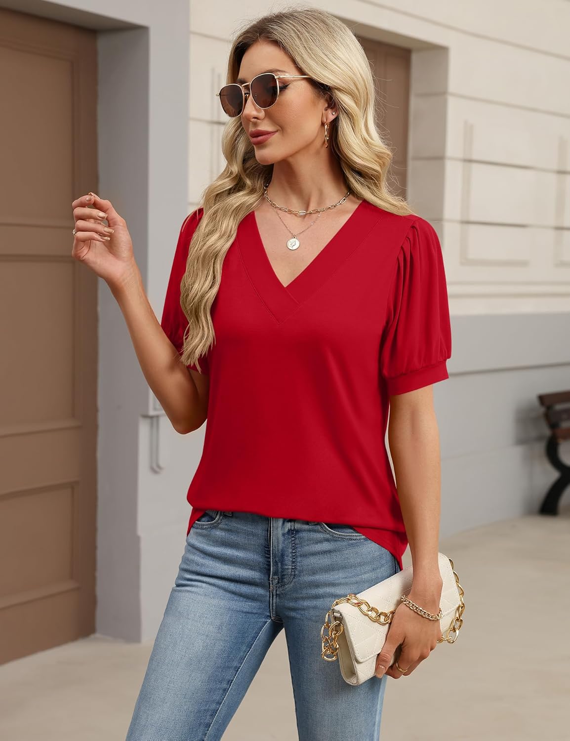 Rapbin Womens Summer Tops Puff Short Sleeve Shirts V Neck Blouses Business Casual Tunic Spring Fashion Clothes 2026 - Image 2